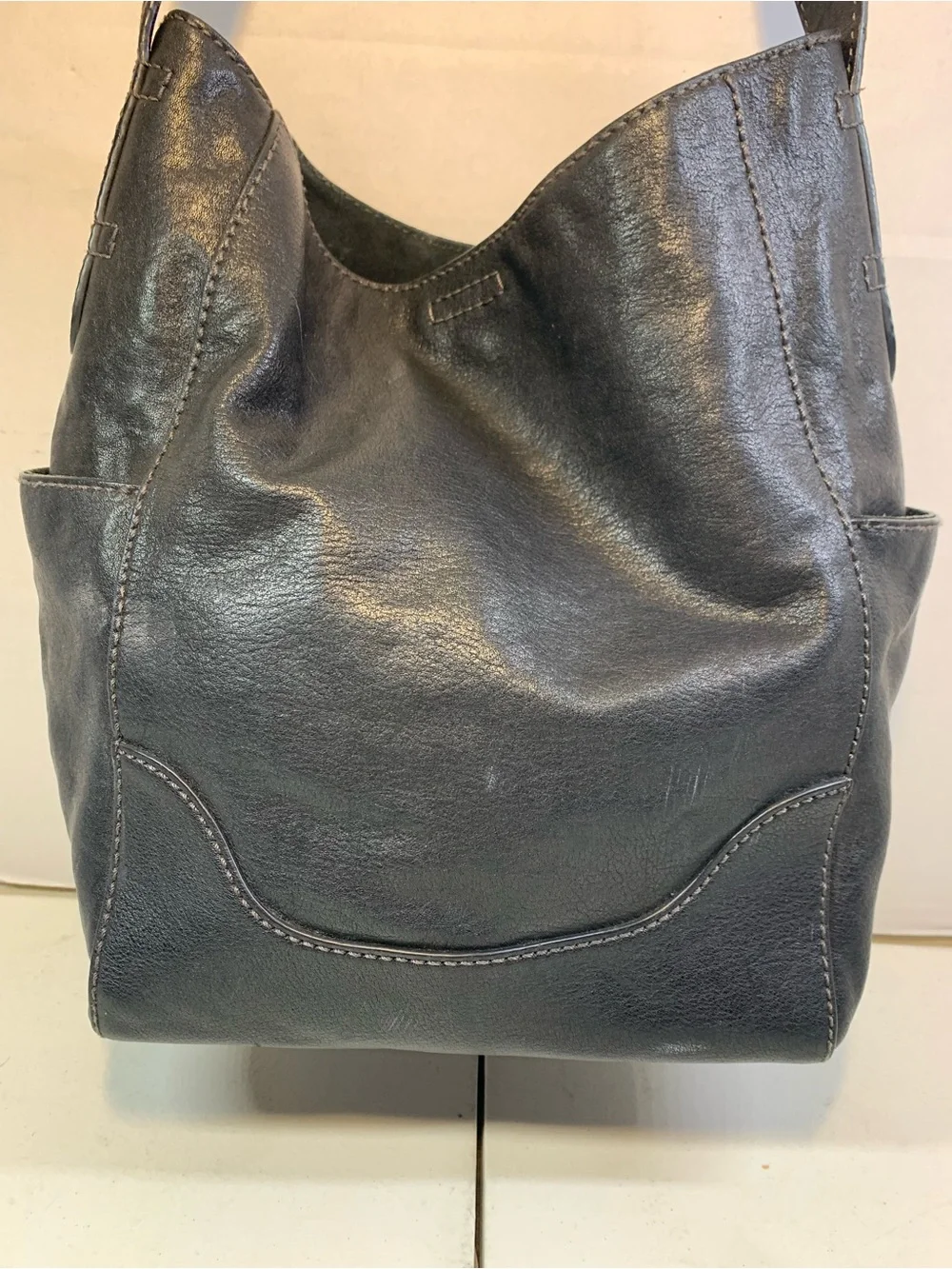 Frye Leather Gently Used Side Pocket Black Hobo Handbag.                 3700